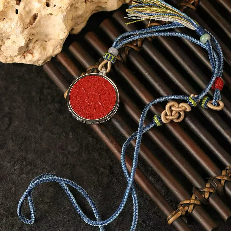 S925 Sterling Silver Inlaid Cinnabar Mandala Pendant Six True Words Necklace Chinese Style Good Luck Fortune Amulet Men Women