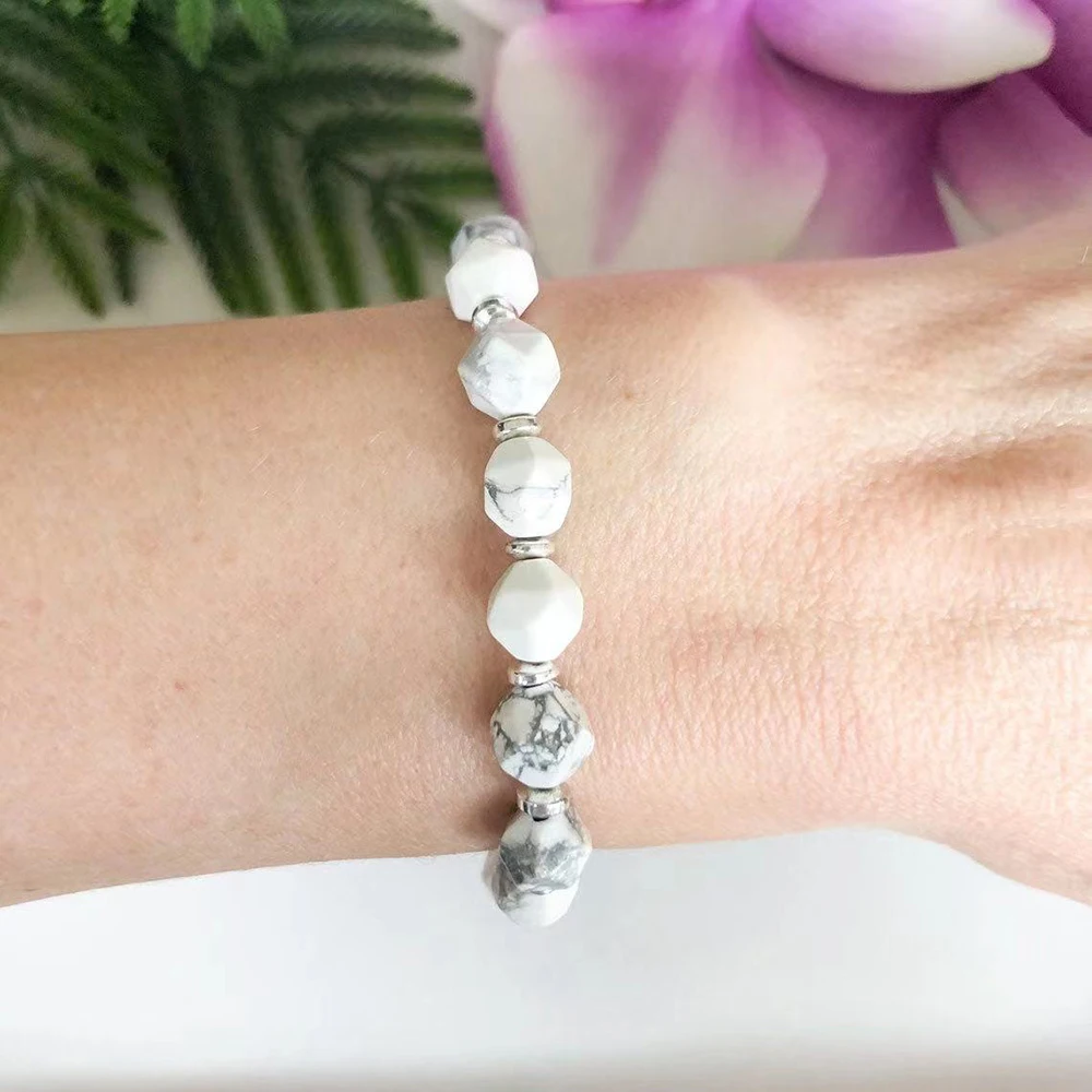 MG1578 White Howlite Marble Bracelet Healing Crystals Yoga Bracelet Handmade Anxiety Relief Gemstone Beaded Bracelet