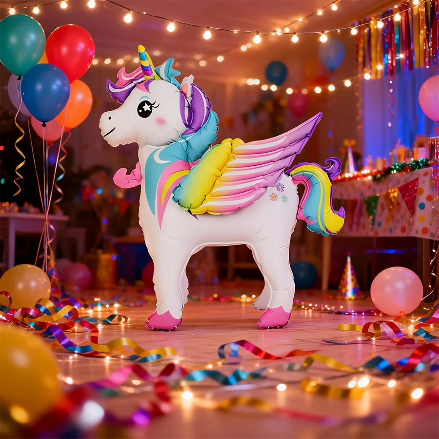 3D Stehender Einhorn-Folienballon, Niedlicher Regenbogen-Einhorn mit Flügeln Aufblasbarer Ballon für Kinder Mädchen, Einhorn-Thema Geburtstagsparty