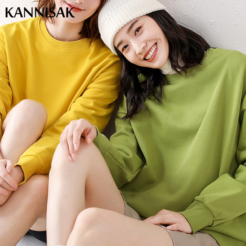 Women Sweatshirts O-neck Cotton Loose Long Sleeve Outerwear Spring Autumn Casual Sweatshirt Solid Womens Pullovers Harajuku Top