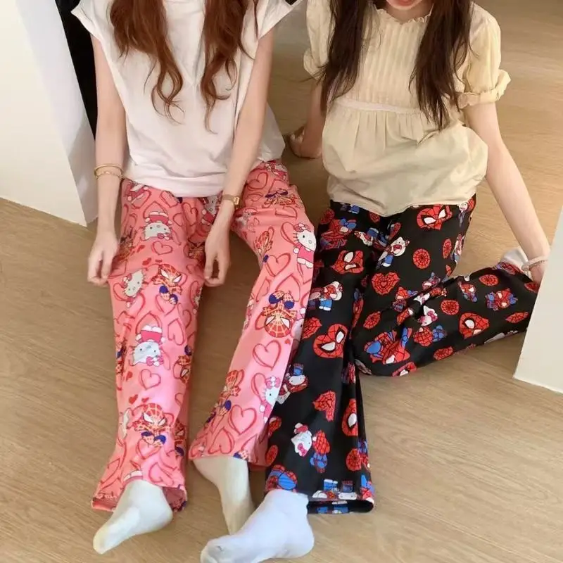 ハローキティ漫画キティ猫ピンクプリントパジャマパンツ女の子のための夏薄いカジュアルルーズホームウェア快適なウォークパンツ