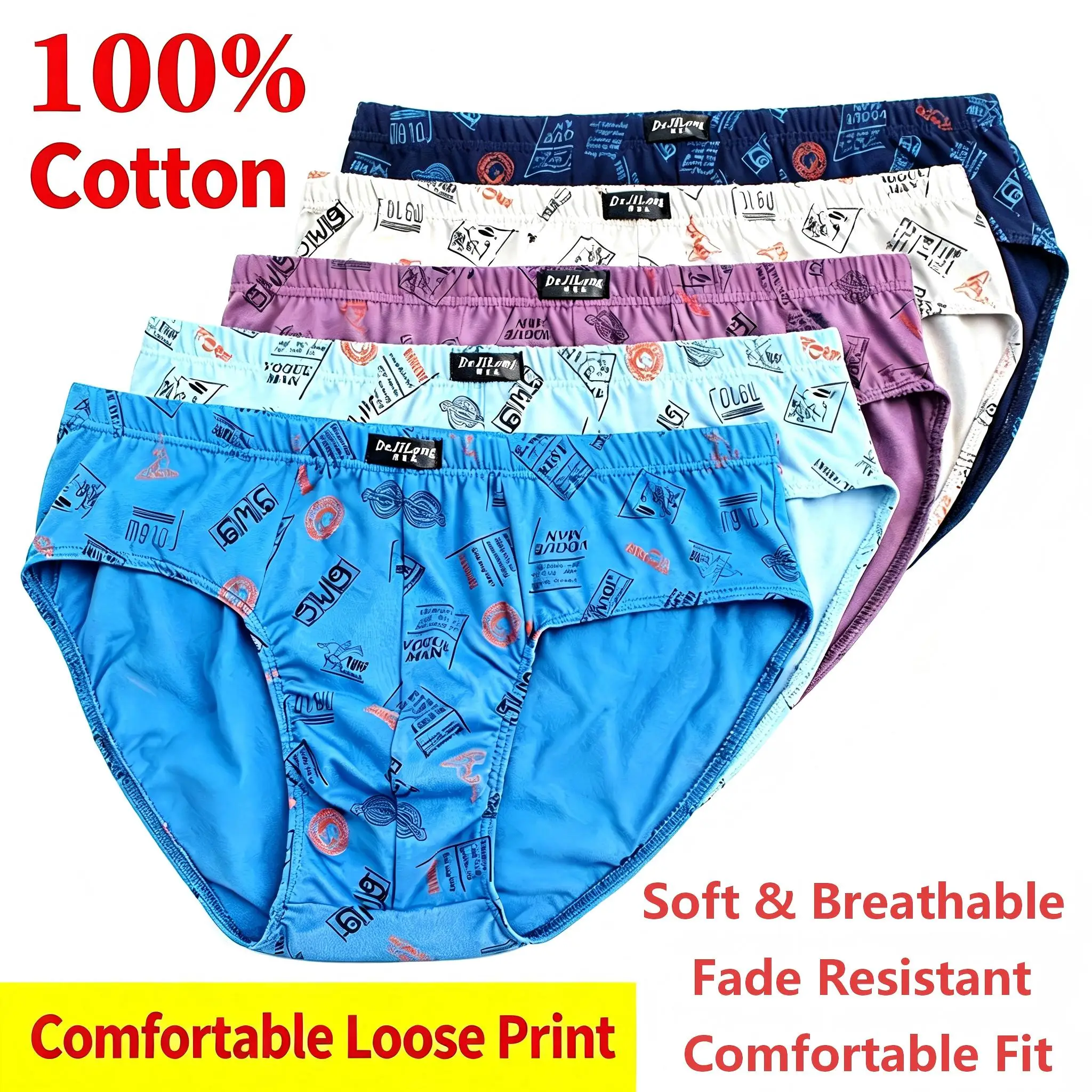 6Pcs 100% Cotton Men Briefs, Printed Mid Waist Loose Underpants, Fashion Triangle Underwear for Middle-aged Youth & Students