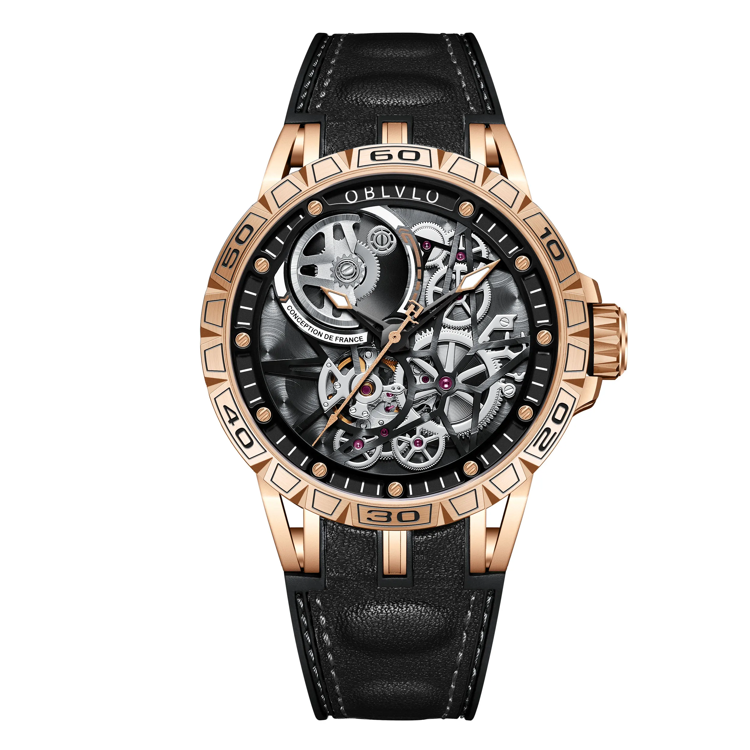 OBLVLO Top Brand New Designer Fashion Watches For Men Skeleton Dial Rose Gold  Automatic Self-Wind Watches Rubber Strap Watch LM