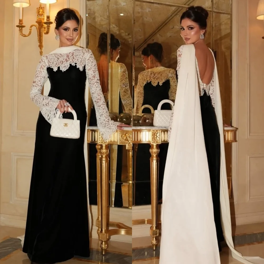 

Customized Matching Fashion Jersey Pleat Lace Mermaid Scoop Neck Long Dresses Evening Dresses Sizes Available High Quality Retro