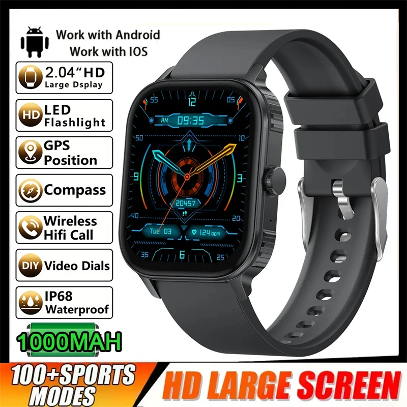 

2025 Новые умные часы с аккумулятором 1000 мАч, мужские светодиодные фонарики, Bluetooth-вызовы, водонепроницаемые часы, спортивные умные часы для Android ios