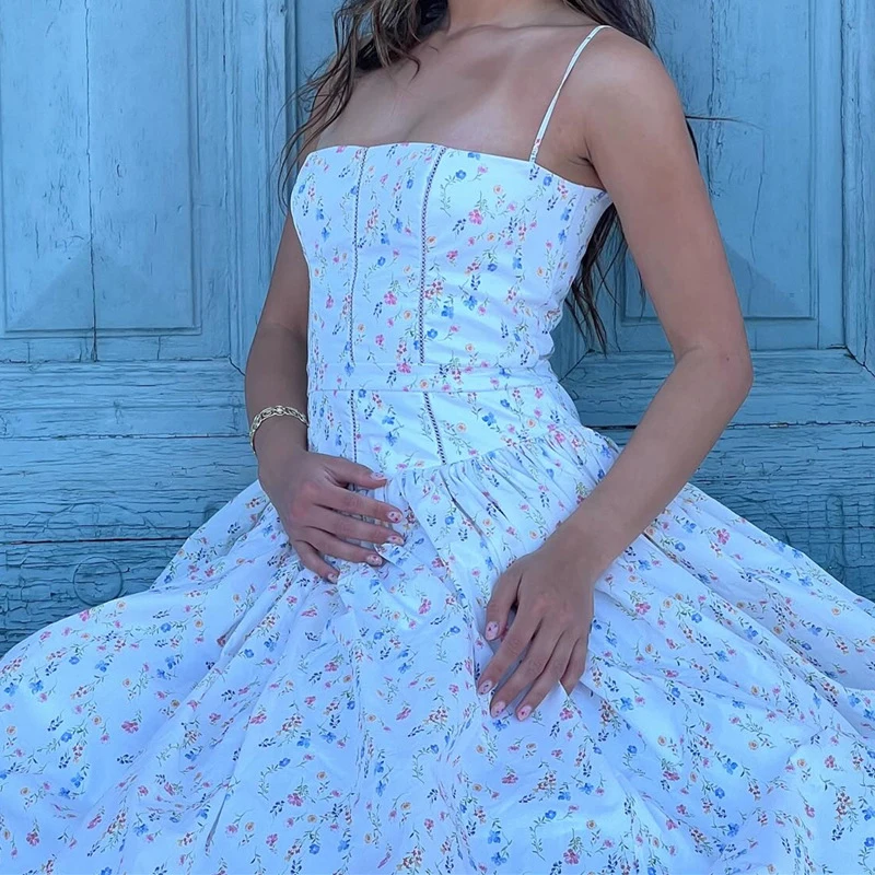 OMSJ-Robe longue à imprimé floral, épaules nues, dos nu, taille haute, bretelles, maxi, décontractée