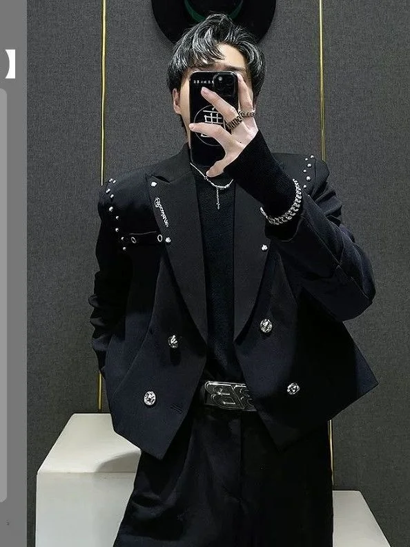 

Premium Short Men's Suit Set with Rivet Design Double Row Buttons Waist Belt Autumn Winter New Style Casual Sports Suit