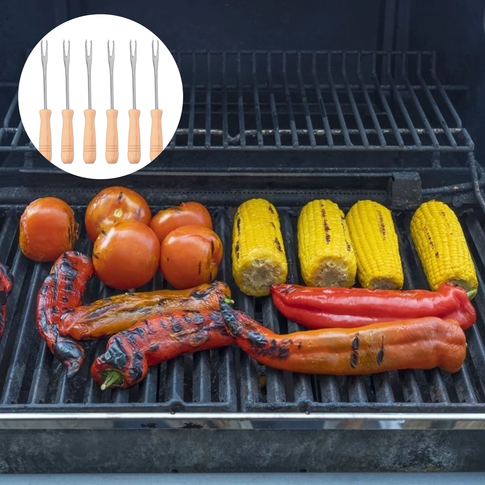 

6 Pcs Chocolate Fondue Forks Stainless Steel Wooden Handle Corn Holders Skewers BBQ Tools Kitchen Bar Accessories