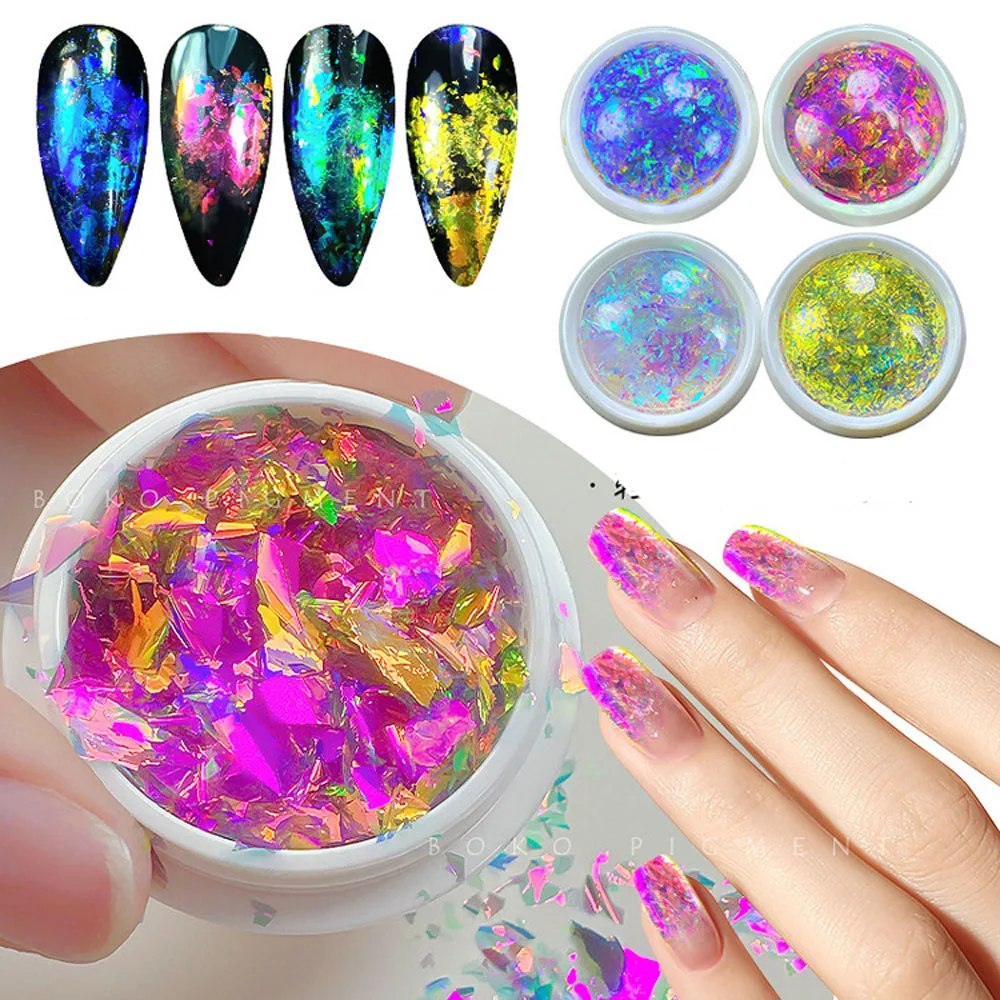 1jar Ultra-thin Chameleon Blue Nail Glitter Opal Flakes Saprkly Aurora Opal Nail Powder Holographic Mermaid Nail Pigment 0.3gram