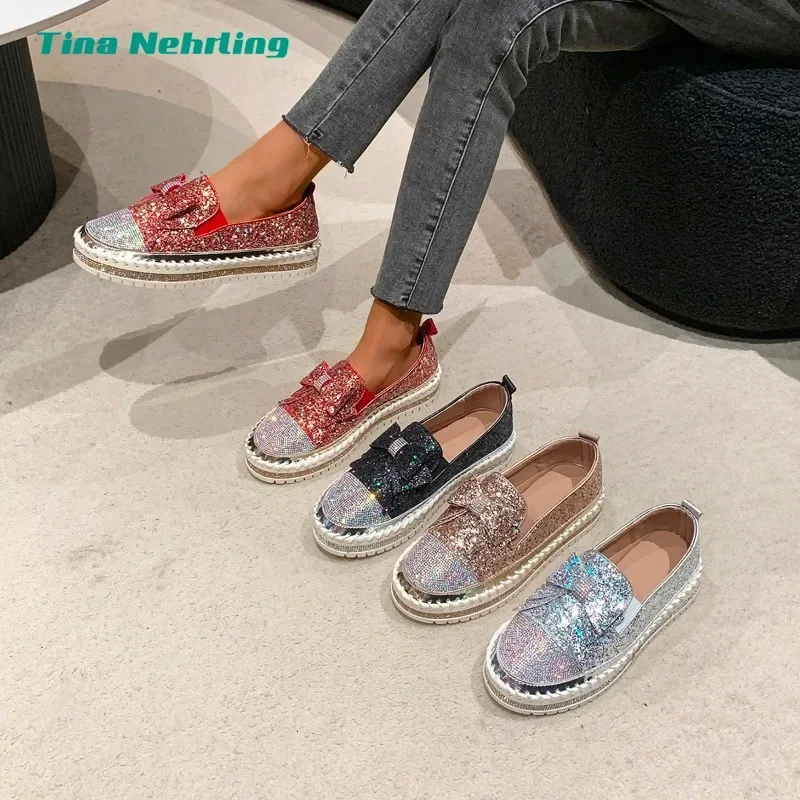 Nieuwe Vrouwen Shining Rhinestone Loafers Strik Slip-on Dikke Botton Casual Dames Mode Schoenen Vrouwelijke Platform Sneakers Sport