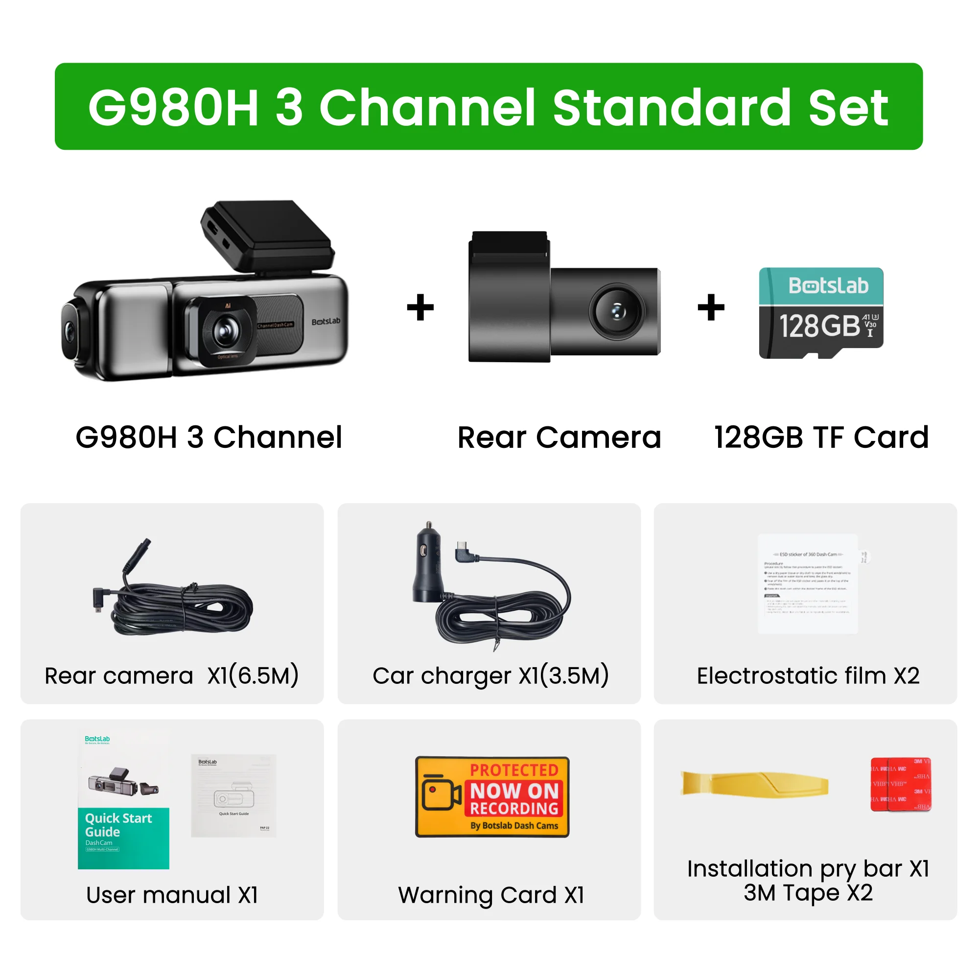 Botslab G980H-3-kanaals dashcam 4K met 128GB geheugenkaart, 3.18 inch touchscreen, spraakbediening, 4K dashcam met lusopname voor en achter, 5.8 GHz wifi, GPS, nachtzicht, WDR en parkeermodus