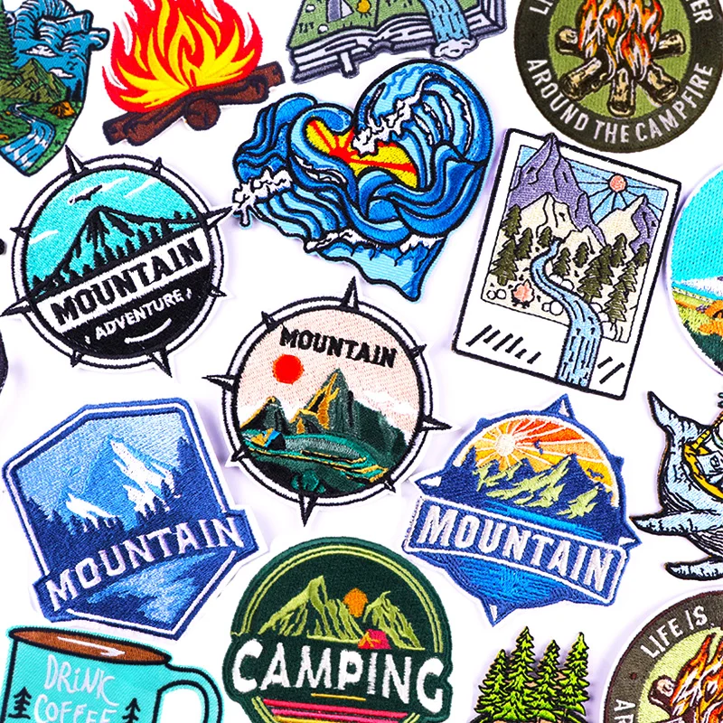 Mountain Adventure Patch Outdoor Camping Embroidered Patches On Clothes Applique Iron On Patches For Clothing Waves Stickers DIY