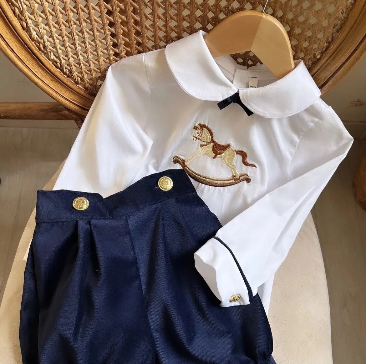 Baby Boy Autumn Navy Blue Velvet Horse Embroidery Vintage for Eid Causal Birthday Photography