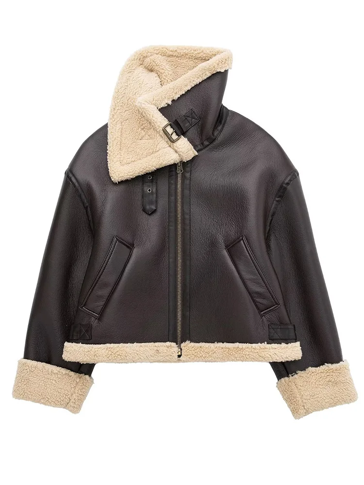 Fitaylor New Autumn Winter Women Vintage Fashion Faux Lamb Fur Short Jackets Female Streetwear Thick Warm Lapel Zipper Pu Coat