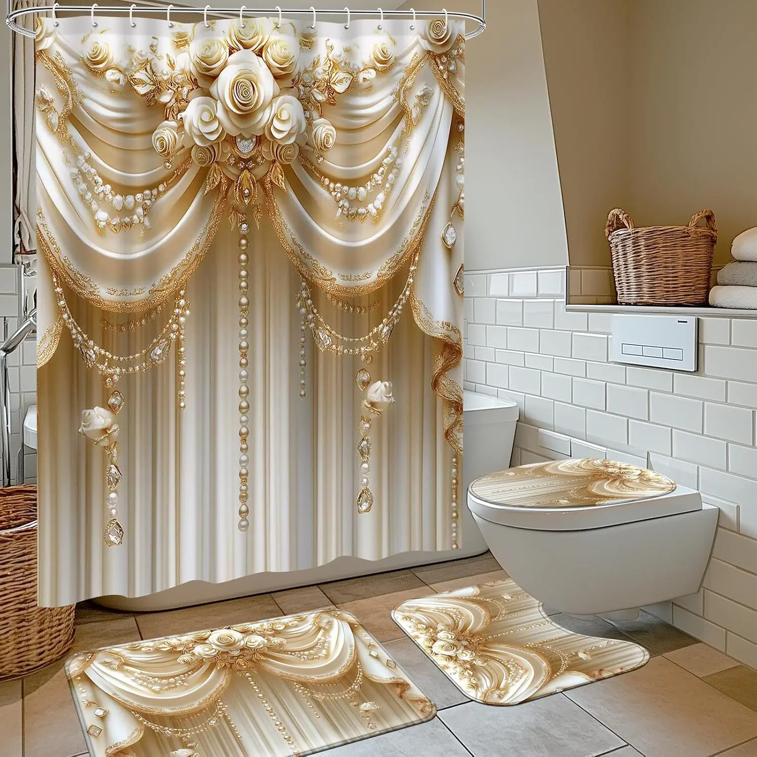 Luxury Gold Floral Shower Curtain Waterproof Bathroom Decor Set Ornate Romantic Elegant Bath Curtain for Master Spa Bathroom