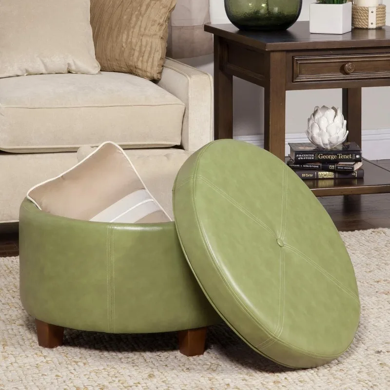 

Round Leatherette Storage Ottoman with Lid, Moss Green Large