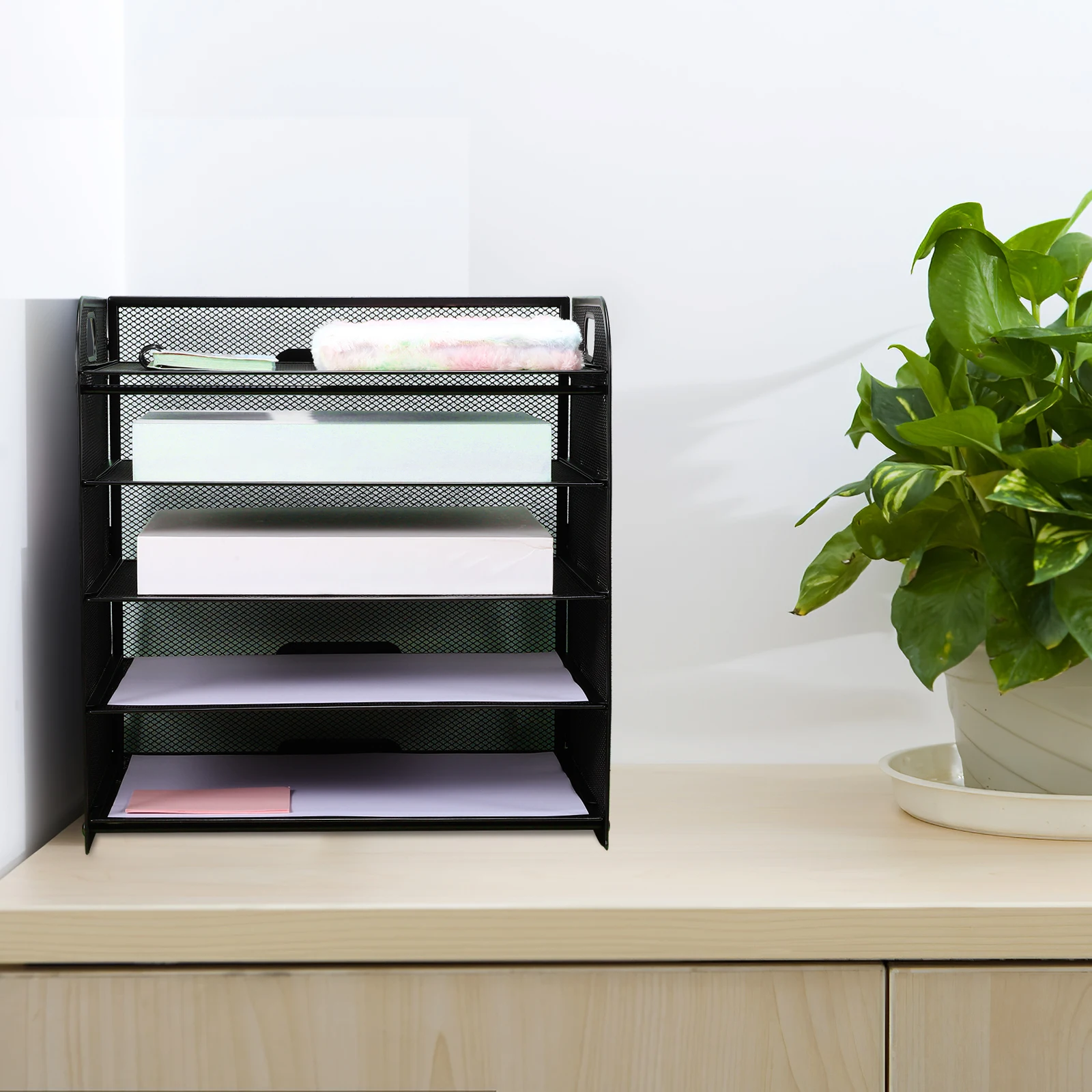 

5-Tier Desk File Paper Sorter Office Document Letter Storage Organizer Mesh Stationery Rack Handles Magazines Files Catalogs