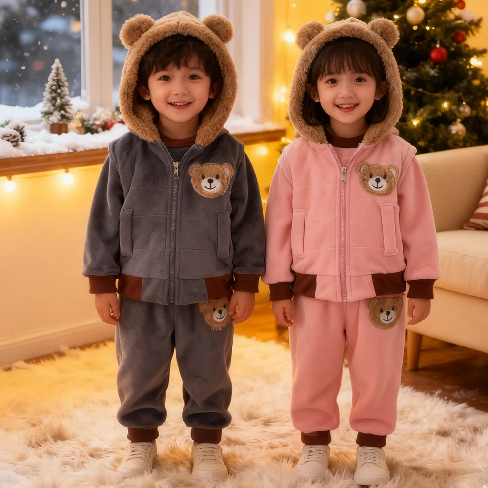 

Осенние и зимние комплекты из 3 предметов для детей, верхняя одежда, милый костюм с медведем для девочек, утепленный теплый костюм для маленьких мальчиков