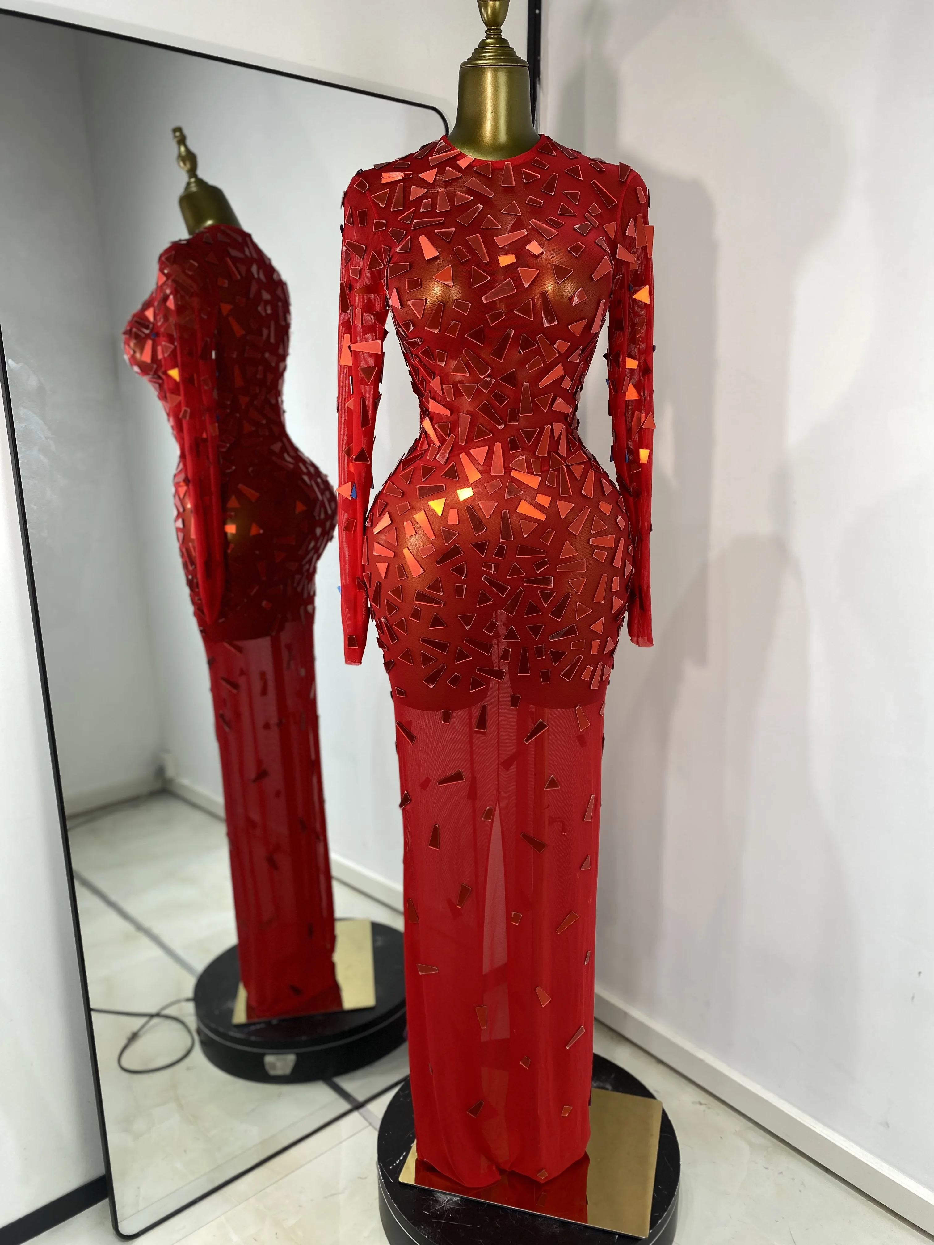 

Women Luxury Mirrors Mesh Transparent Maxi Long Dress Birthday Photo Shoot Runway Celebrity Evening Party Gala Gowns Costumes