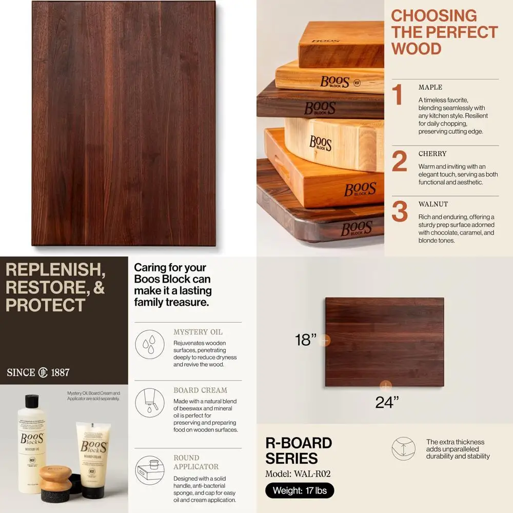 

John Boos R-Board Series Walnut Rectangular Cutting Board, 24x18 Inches, 1.5 Inch Thick, 17-lb Reversible Butcher Block with Edg