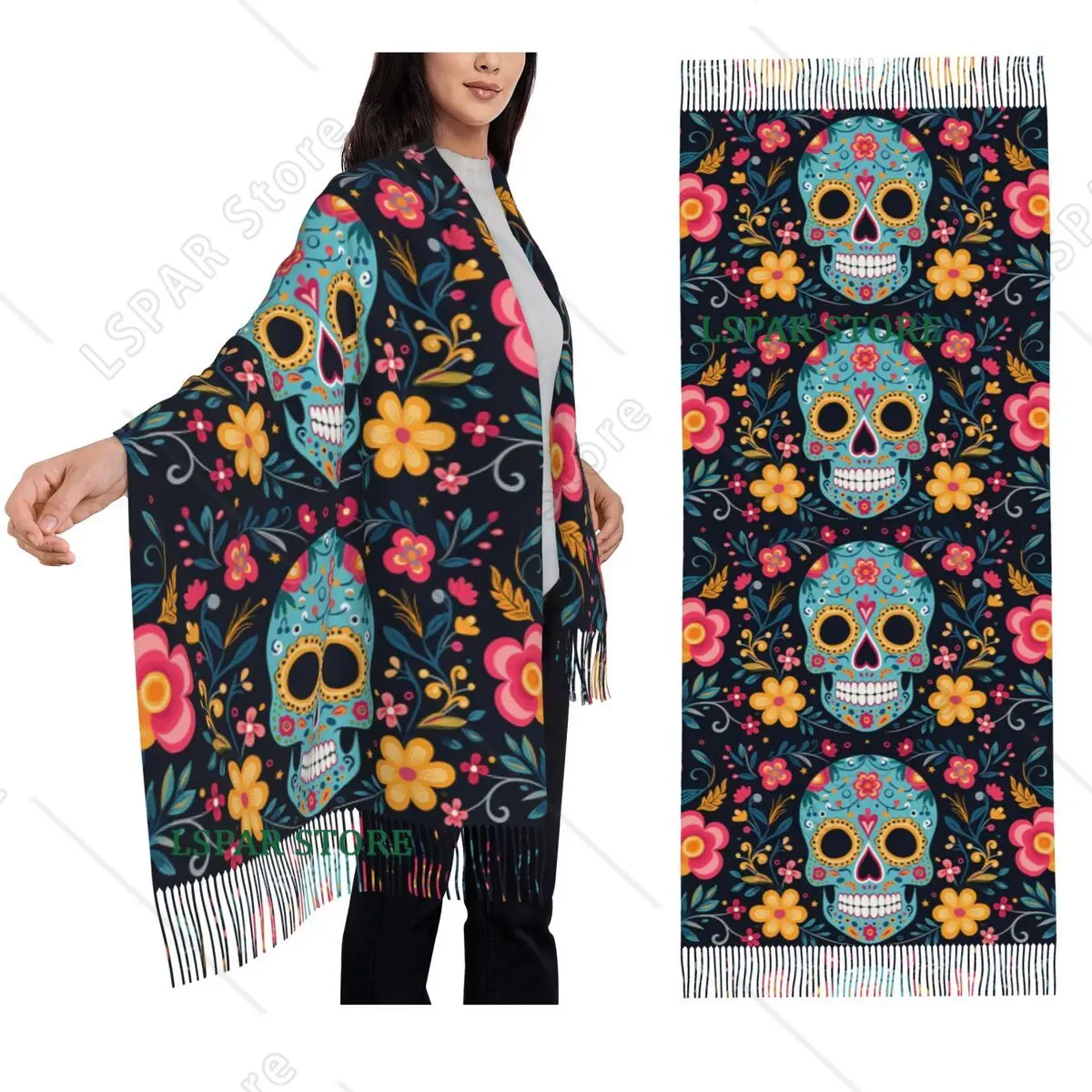 Mexican Floral Skull Scarf Tassel Scarves for Women Soft Warm Shawls and Wraps Long Fall Winter Shawl Wrap