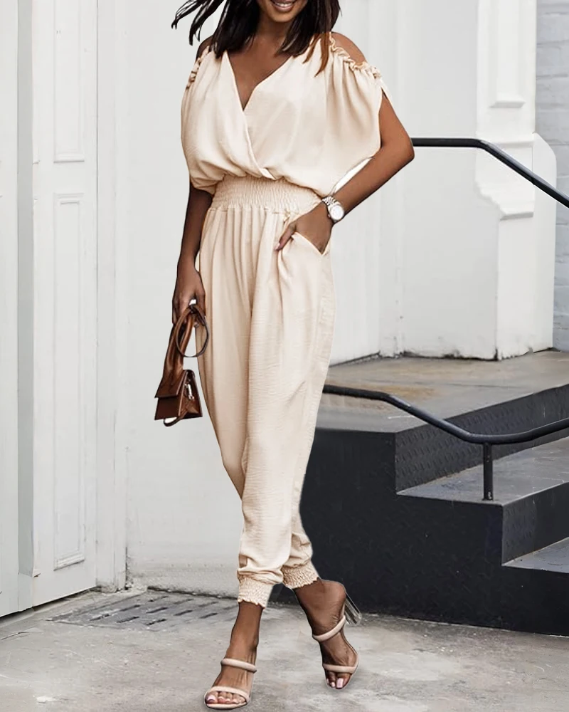 

Cold shoulder pleated shirt with lace up details jumpsuit for women, fashionable and casual, new women's clothing for 2025