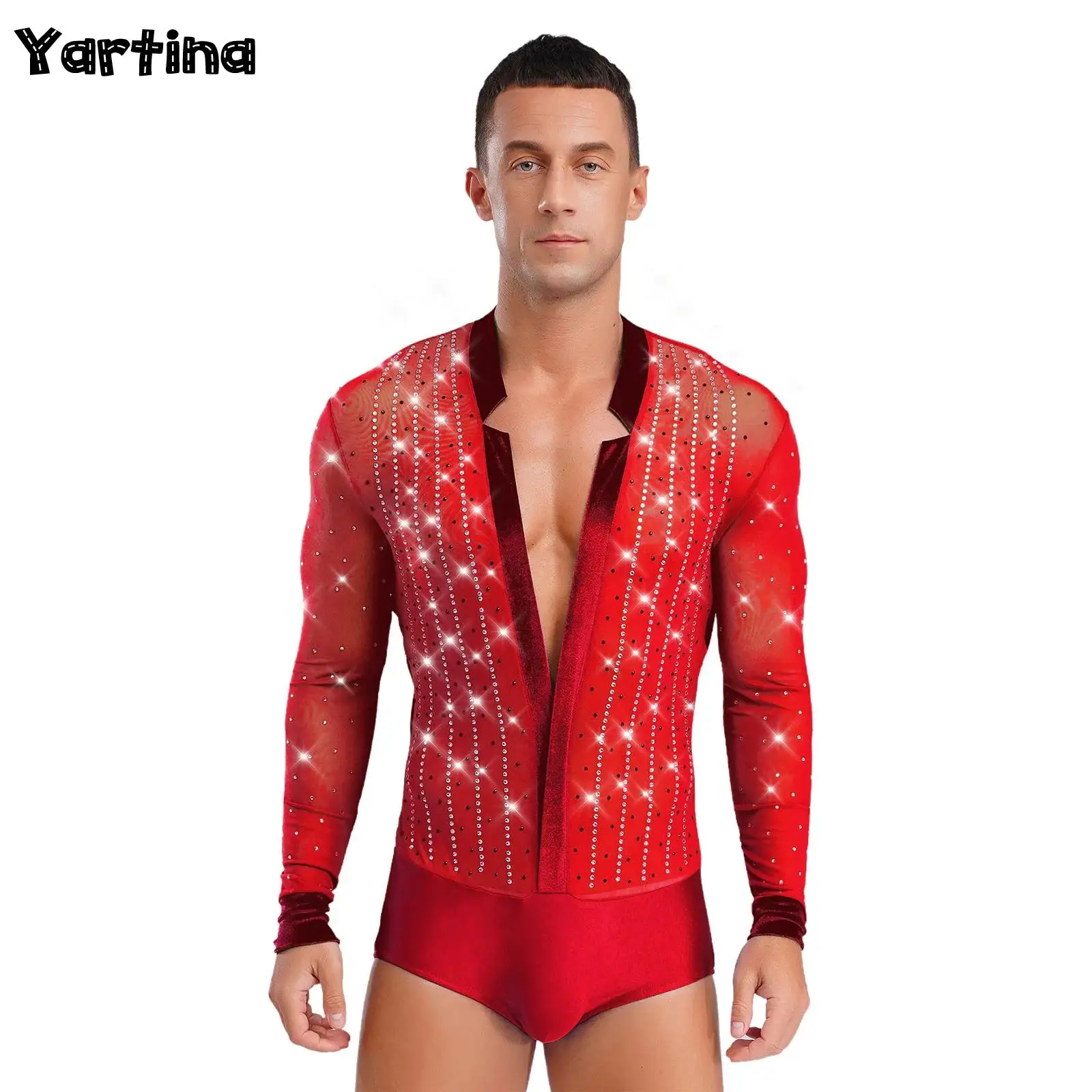 

Mens Gymnastics Figure Skating Latin Ballroom Chacha Dance Leotard Costume Shiny Rhinestones Tango Rumba Dance Bodysuit Shirts