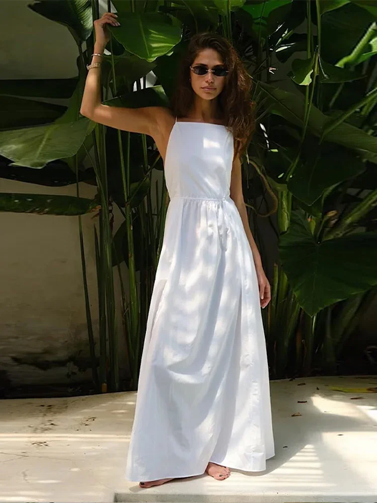 فستان نسائي أنيق بياقة مربعة وخصر متين بدون أكمام فستان طويل للسيدات موضة صيف 2025 رداء شاطئ جديد للسيدات #1