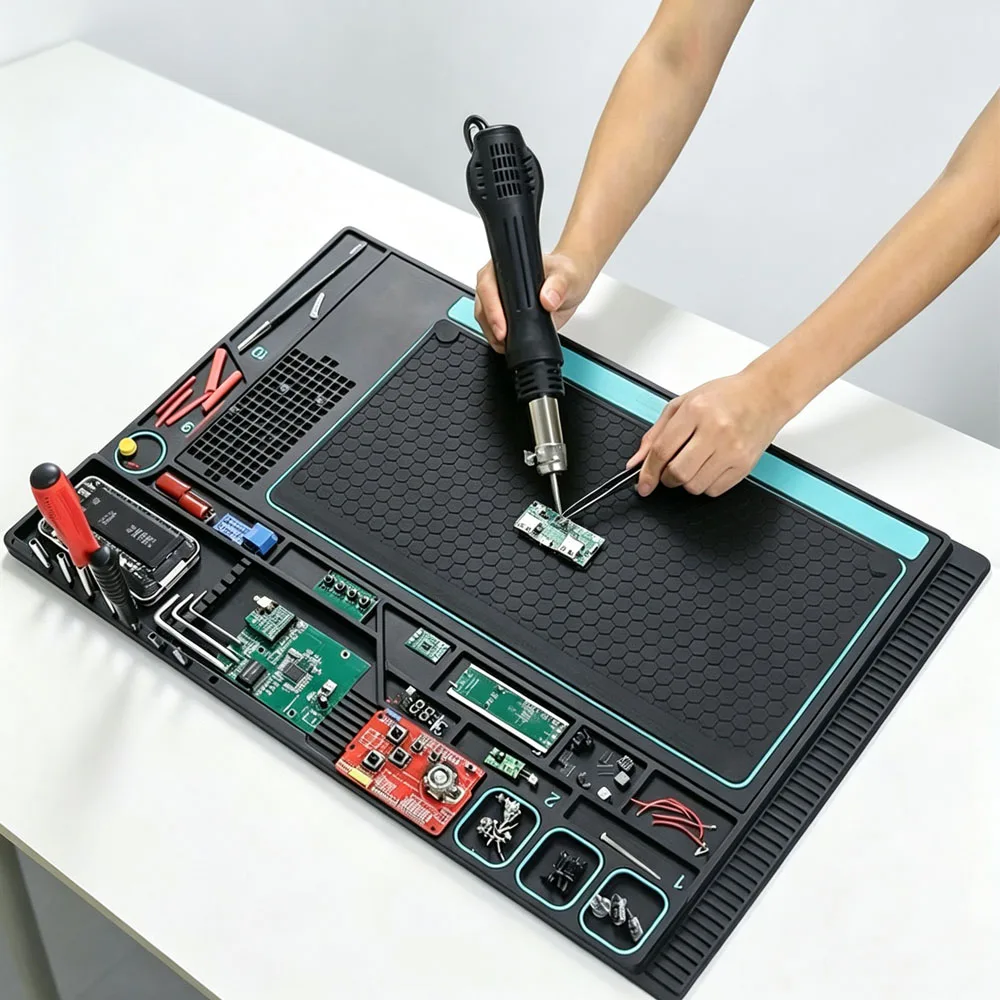 Multifunctional Silicone Repair Mat with Screw Fixing & Tool Storage Groove Welding Pad for Phone Laptop PC Motherboard Repair