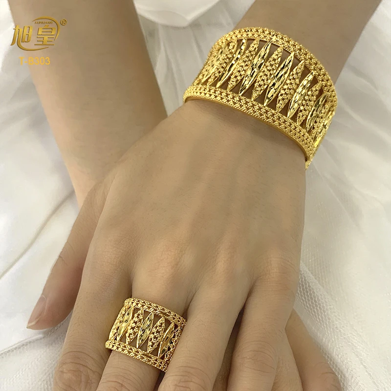 XUHUANG Dubai Exquisite Plated Gold Hollow Bangle With Ring For Women Arab Luxury Charm Copper Bangles Bracelets Gifts Wholesale