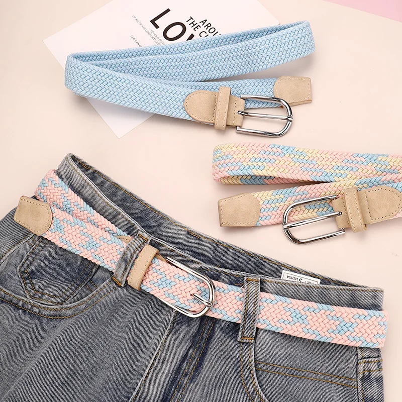 new no-punching belt women's hundred matching jeans elastic elastic pin buckle student lazy cloth belt canvas braided belt