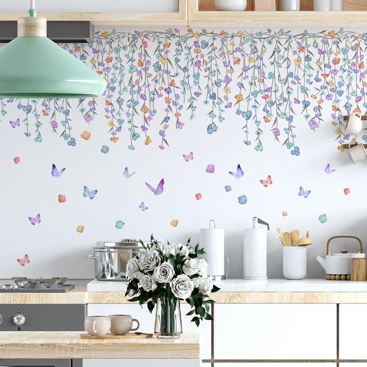 Watercolor Butterfly Flower Wall Stickers for Living Room Bedroom Decor Background Wallpaper Girls Room Daughter Room Wall Decal