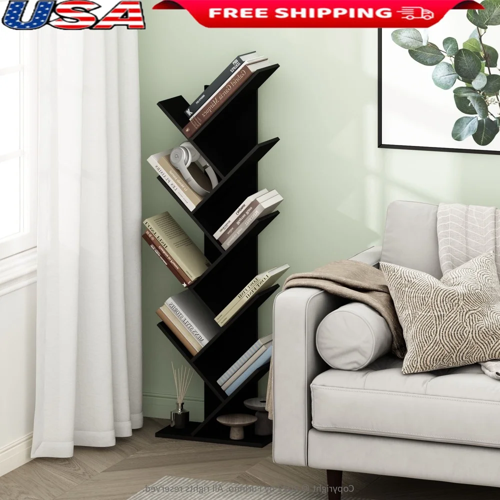 

Modern 9-Tier Tree Bookshelf Corner Bookcase Space Saving Design Lightweight Easy Assembly Home Office Living Room