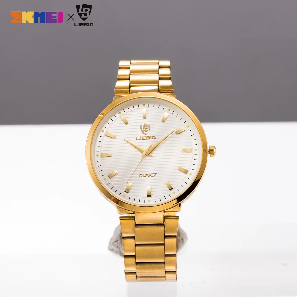 Luxo Golden Quartz Relógios de pulso para casais, aço inoxidável, amantes assistir, relógio de pulso analógico, moda, L1012