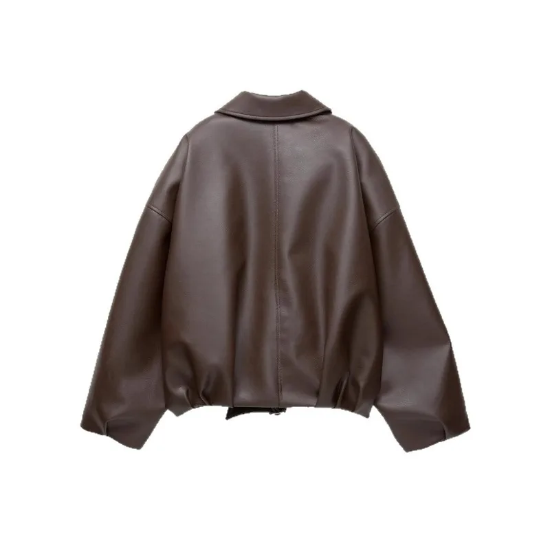 Jaqueta Feminina Casual de Couro Sintético Estilo Americano Retrô, Nova Coleção Primavera Outono, Casaco Piloto Confortável e Moderno para Mulheres