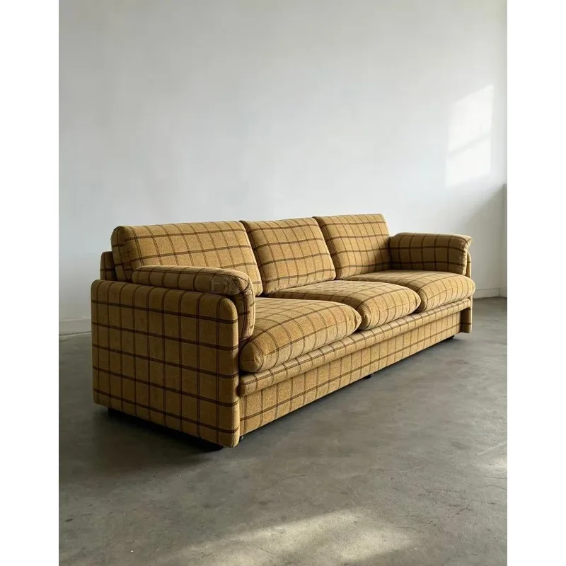 Caramel plaid three-person sofa, sofa medieval MCM retro style