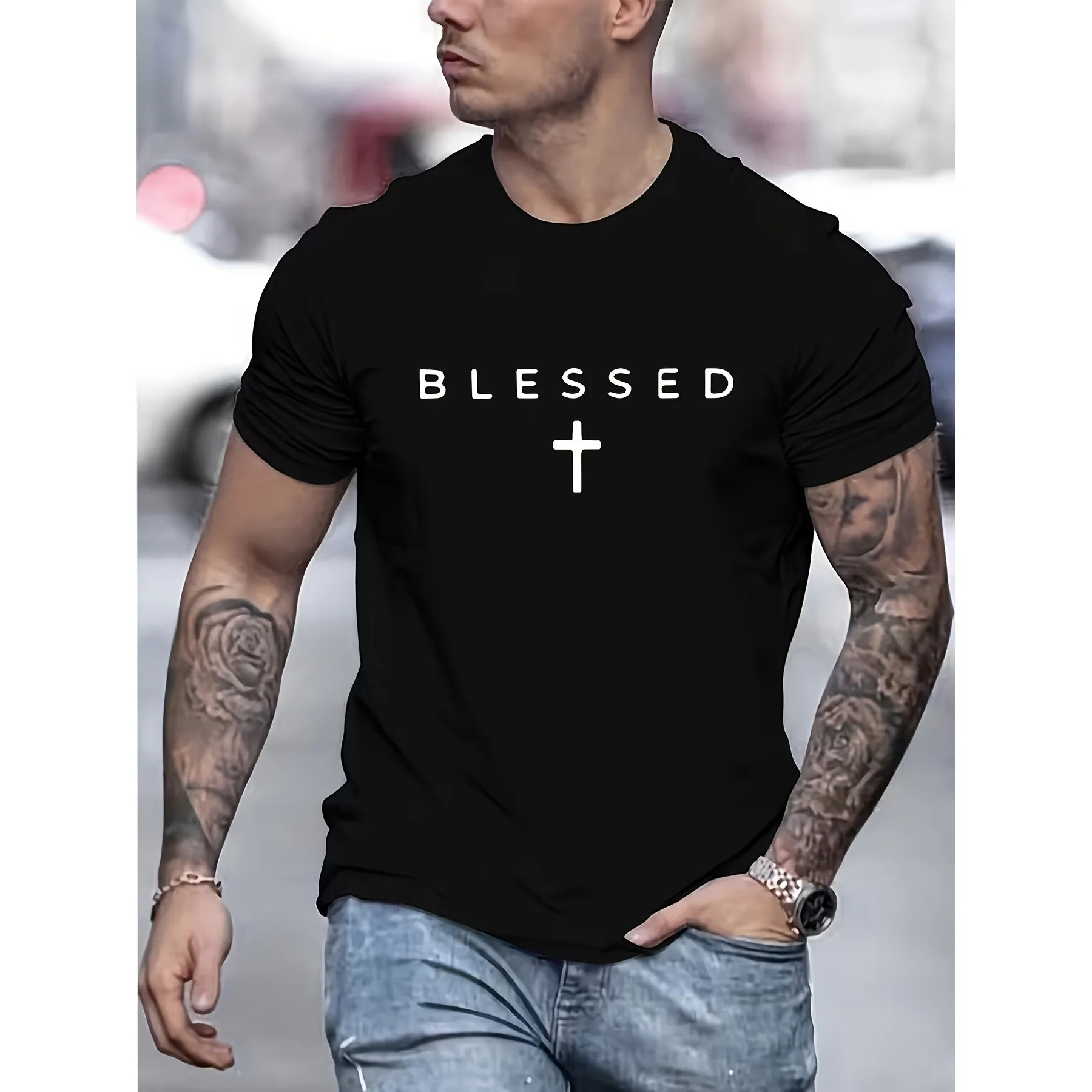 Blessed Cross Graphic Men's Cotton T-Shirt Casual Round Neck Breathable Summer Tee