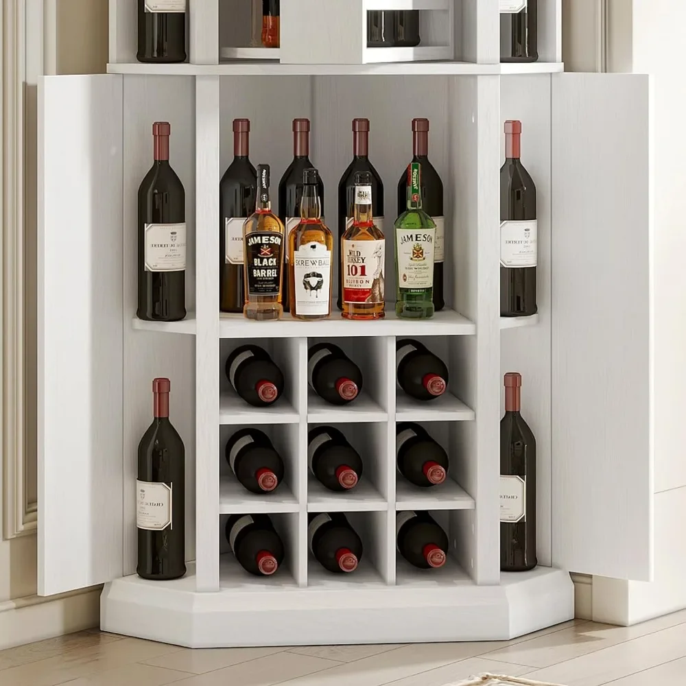 Corner Wine Cabinet with Rotating Glass Wine Rack, Farmhouse Bar Storage Cabinet with Cup Holders, Home Bar Cabinet