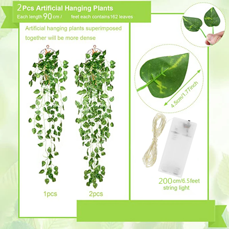 2P Glowing Artificial Hanging Plant 2.9ft Fake Ivy Vine Leaves Wall Plant Garland with LED Strings Light for Home Garden Wedding