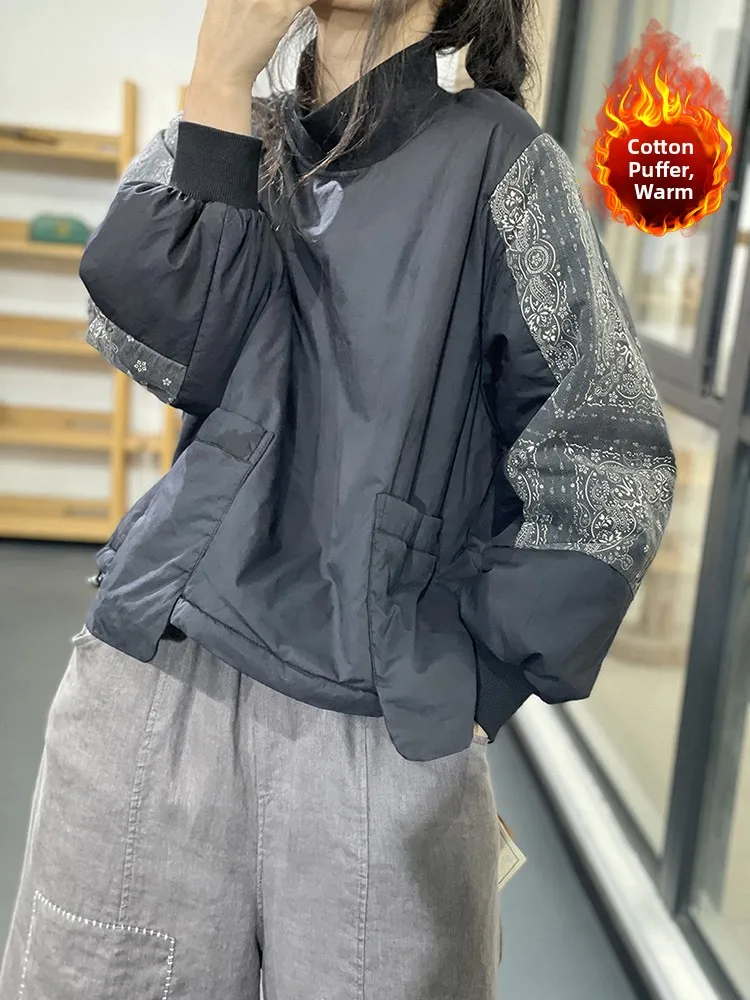 Retro Contrast Color Print Splicing Faion Sweatirt Winter Large Size Women's f High Collar Sli Jaet Casual Cotto...