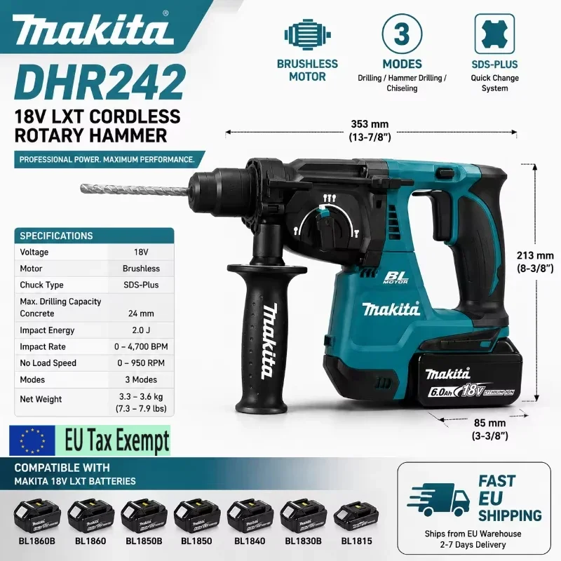 Trapano a percussione rotativo Makita DHR242 18V LXT con batteria da 6,0 Ah, motore brushless, attacco SDS-Plus da 24 mm, impatto da 2,0 J, modalità 3 in 1 per lavori su muratura e calcestruzzo,