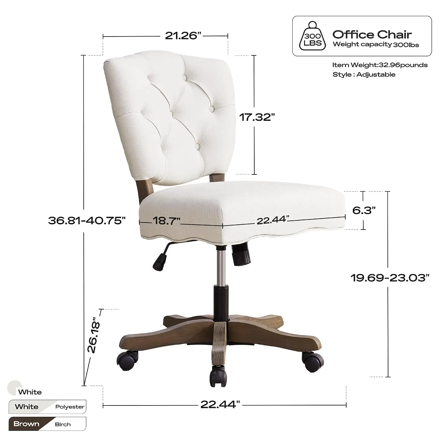 Chenille Tufted Swivel Desk Chair Adjustable Height Wheels Wooden Legs Armless Home Office Study, Customized