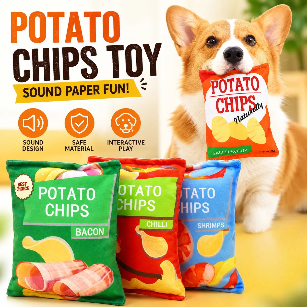 Juguete de Peluche para Perros con Sonido de Papas Fritas, Juguete Masticable Interactivo para Cachorros, Juguetes para la Dentición, para Perros Pequeños y Medianos