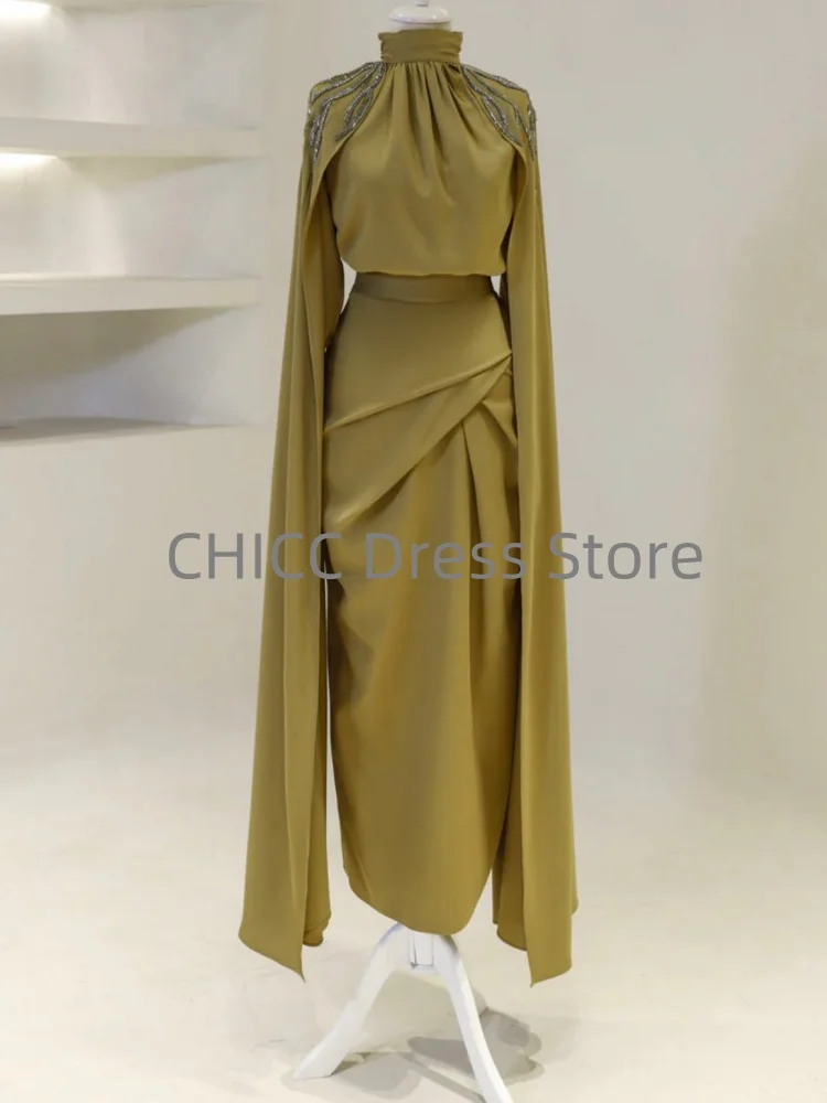 Elegant Muslim Evening Dresses High Neck Long Floating Sleeve Wedding Guests Dress with Beading Pleat Formal Occasion Customized