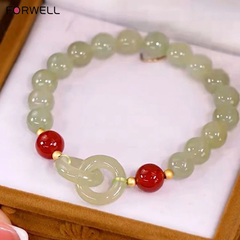 

FORWELL Natural Hotan Jade Elastic Bracelet Luxury Exquisite Jewelry Couple Beaded Bracelet Festival Gift for Men and Women