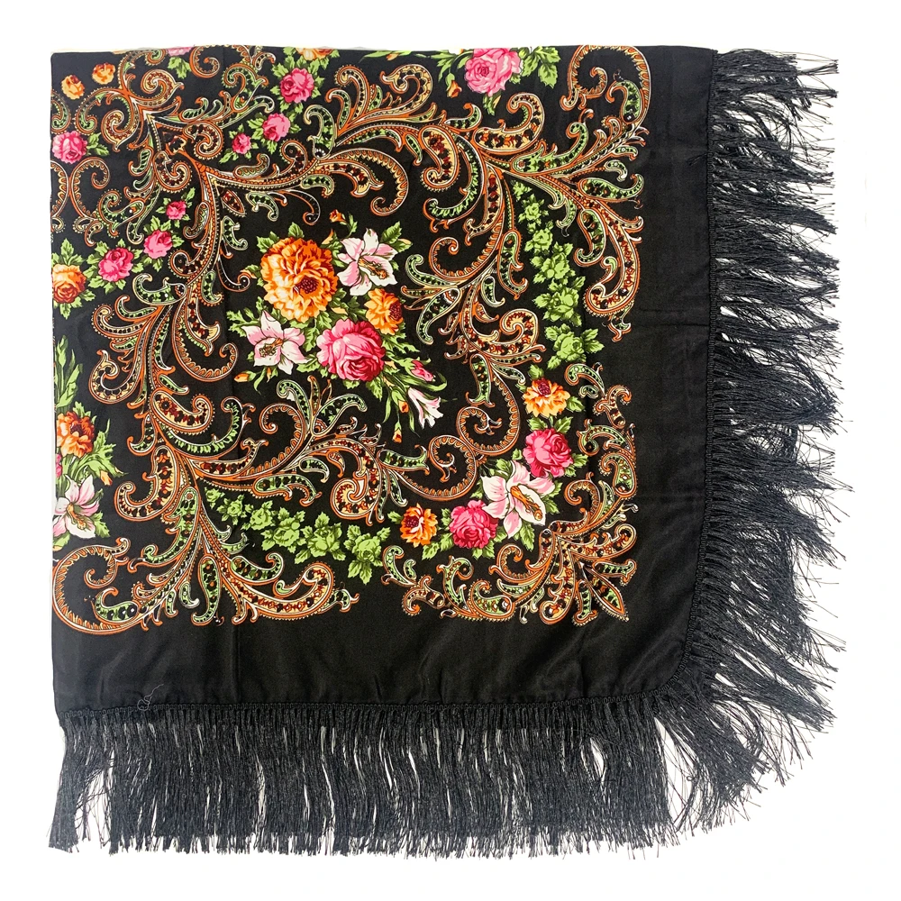 155*155cm Women Russian National Square Scarf Retro Floral Print Ukrainian Shawl Traditional Babushka Handkerchief Fringed Wraps