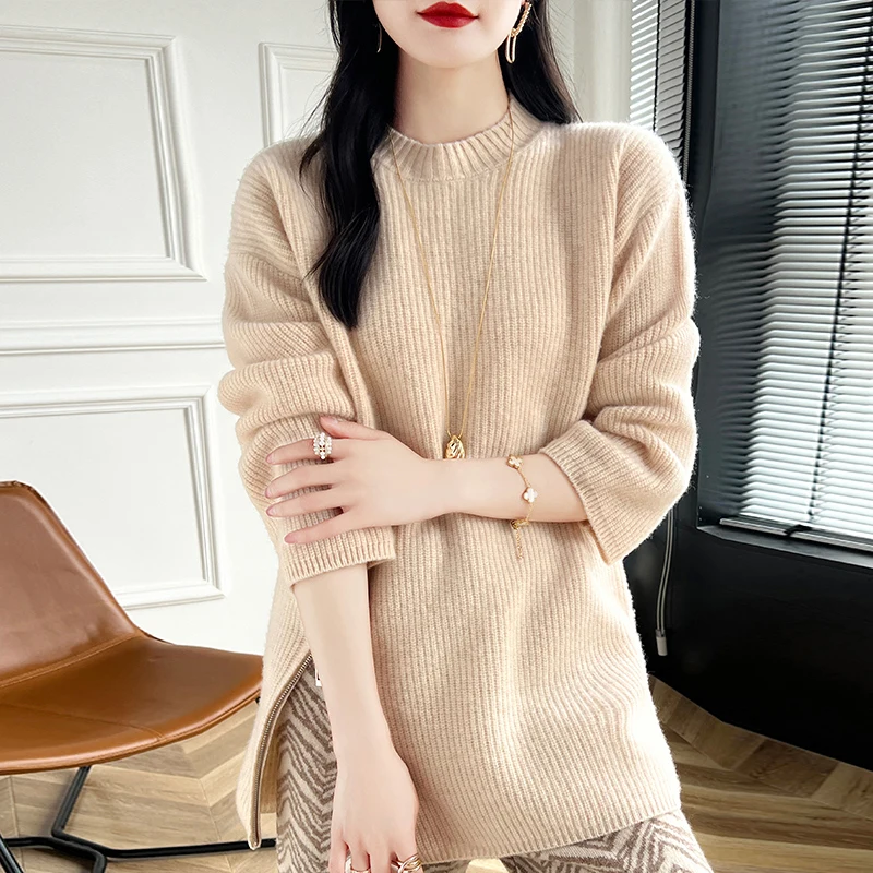 2024 Autumn/Winter New Sweater Women\'s 100% Merino Wool Knit Round Neck Pullover Medium Long Cashmere Clothing Korean Large Size