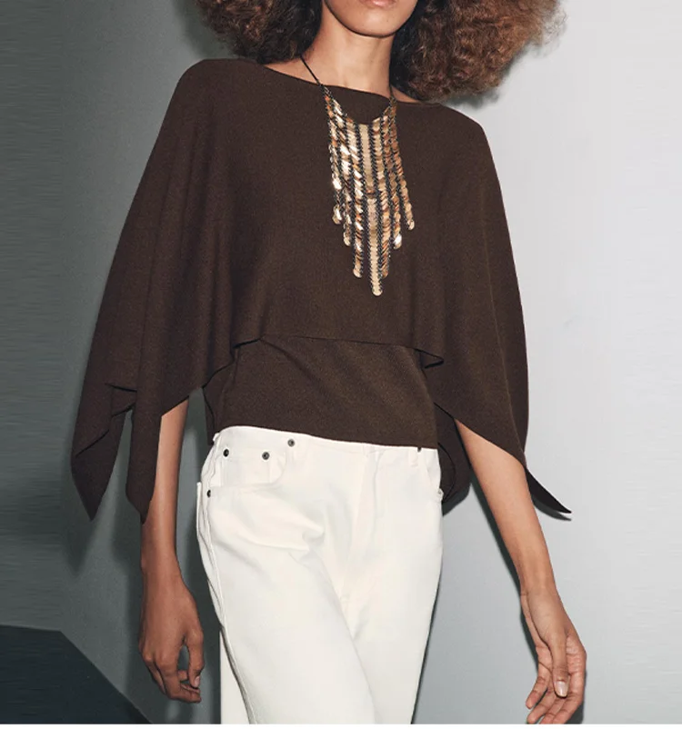 

Lady Trendy Oversize Batwing Short Sleeve Sweater Autumn Exquisite Vintage Cape Knitwear 2025 Casual Comfortable Street Outwear