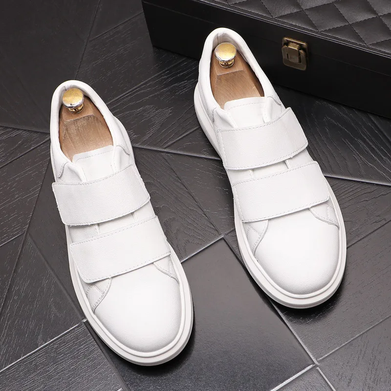 Korean style men fashion original leather shoes hook loop white shoe sports flats sneakers youth breathable platform footwear