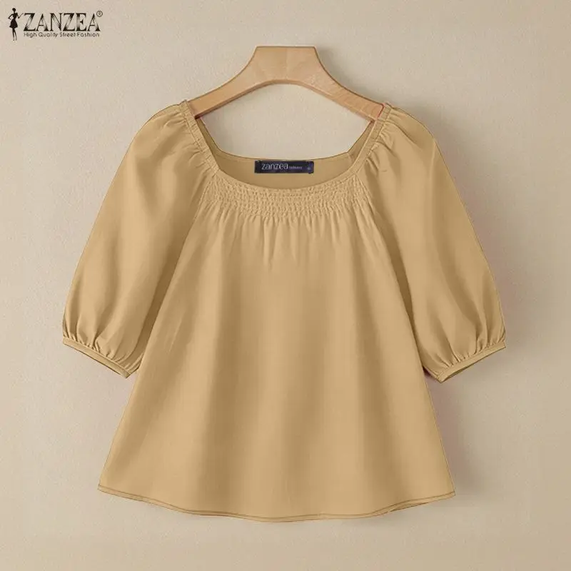 

ZANZEA 2026 Летняя женская блузка с квадратным вырезом, короткими рукавами-фонариками, повседневная однотонная туника для работы, стильная праздничная блуза